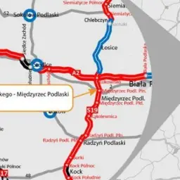 Mapa drogowa z zaznaczoną trasą S19, częścią Via Carpatia, łączącą województwa mazowieckie i lubelskie.