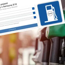 Formularz sprawdzający kompatybilność pojazdu z benzyną E10, obok piktogramu stacji paliw.