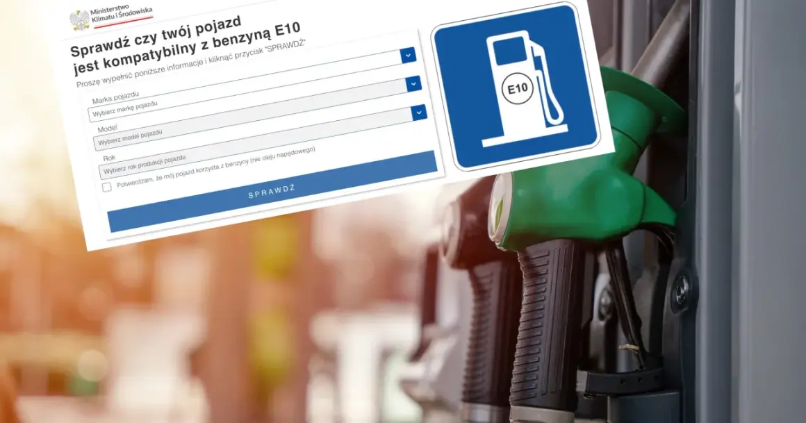 Formularz sprawdzający kompatybilność pojazdu z benzyną E10, obok piktogramu stacji paliw.