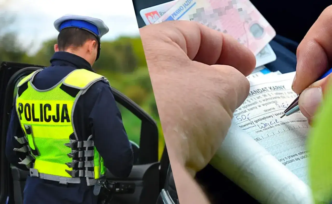 Policjant wypisuje mandat karny za brak pasów. Kierowca otrzymuje karę finansową.