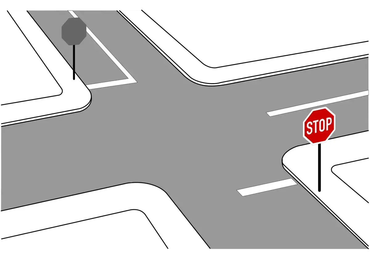 Skrzyżowanie dróg z dwoma znakami STOP (jeden czerwony, drugi szary).
