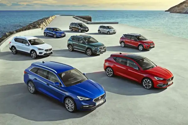 Różnorodne modele SEAT stojące nad morzem. Kolekcja aut SEAT, od kompaktowych po SUV-y, prezentuje się na tle błękitnego oceanu.