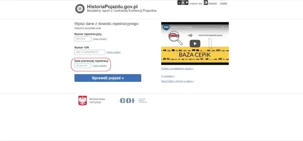 Pole "Data pierwszej rejestracji" w dowodzie pojazdu. Wpisz datę w formacie dd.mm.rrrr.