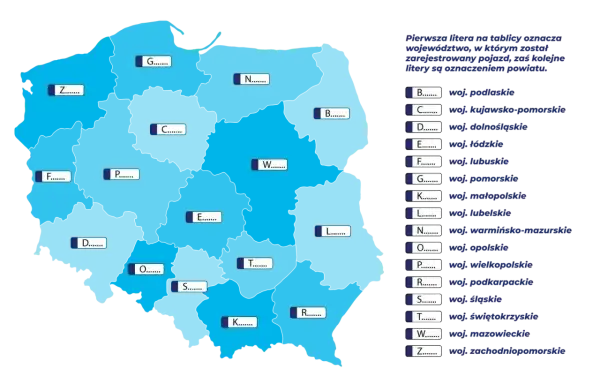 Mapa Polski z literami oznaczającymi województwa. Ułatwia sprawdzanie tablice rejestracyjne.