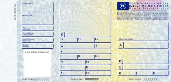 Dowód rejestracyjny z polskimi oznaczeniami pól. Widoczne pola: Rodzaj pojazdu, Przeznaczenie, Rok produkcji, Nr karty pojazdu, dane techniczne (C, F.1, F.2, G, K, L, P.1, P.2, P.3, S.1, S.2), Organ wydający (A, D, E, B, I, H).