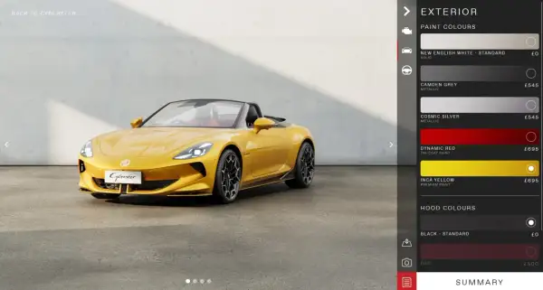 Żółty MG Cyberster, konfiguracja lakieru Inca Yellow. Sprawdź mg cyberster cena i opcje.