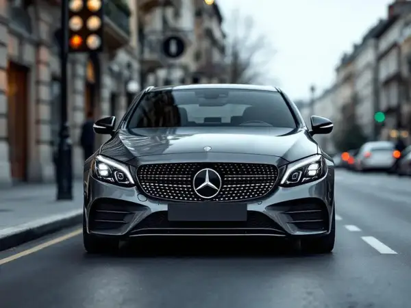Elegancki, szary Mercedes C180 na ulicy miasta.