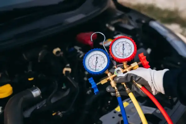 Mechanik sprawdza ciśnienie w układzie klimatyzacji, aby określić koszt nabicia.