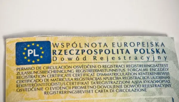Fragment dowodu rejestracyjnego z napisem "Dowód Rejestracyjny" i flagą PL. Numer VIN w dowodzie jest kluczowym elementem identyfikacyjnym pojazdu.