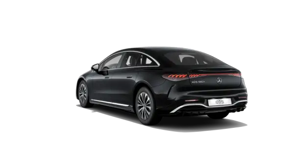 Elegancki, czarny Mercedes EQS 450+ z charakterystycznym pasem świateł z tyłu.